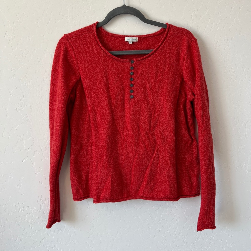 Sundance Henley Top Womens PL Red Silk Blend Long Sleeve Button Front Knit